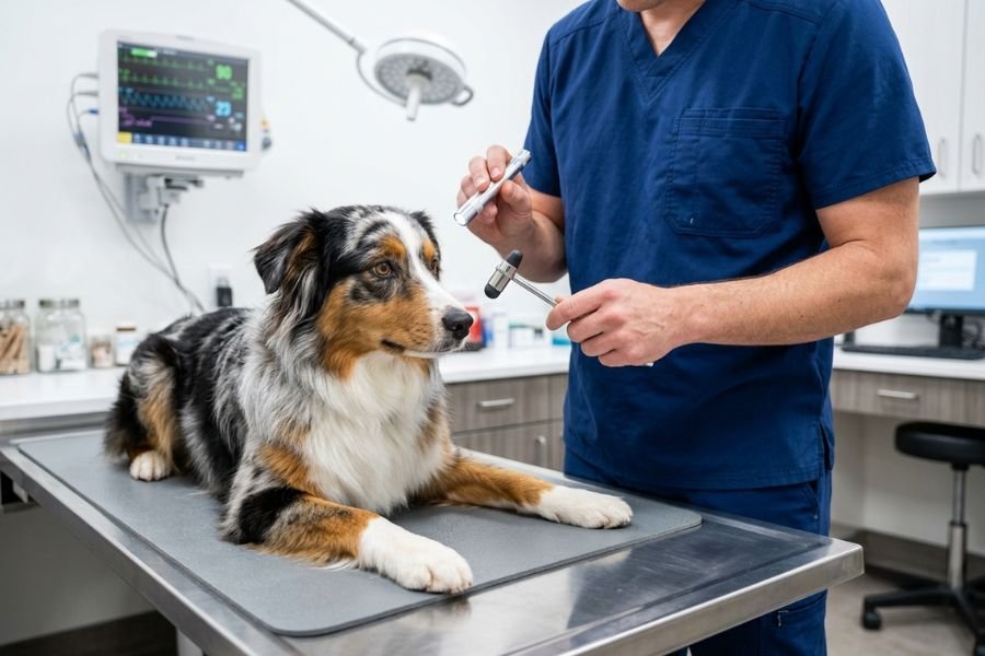 Veterinario con uniforme quirúrgico azul realizando una evaluación neurológica a un Pastor Australiano en un hospital veterinario.