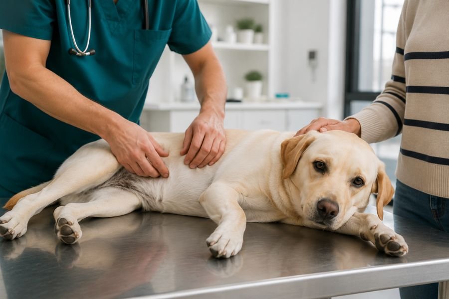 Veterinario realizando palpación abdominal a un perro Labrador para evaluar dolor o rigidez causados por la ingesta de sustancias tóxicas.