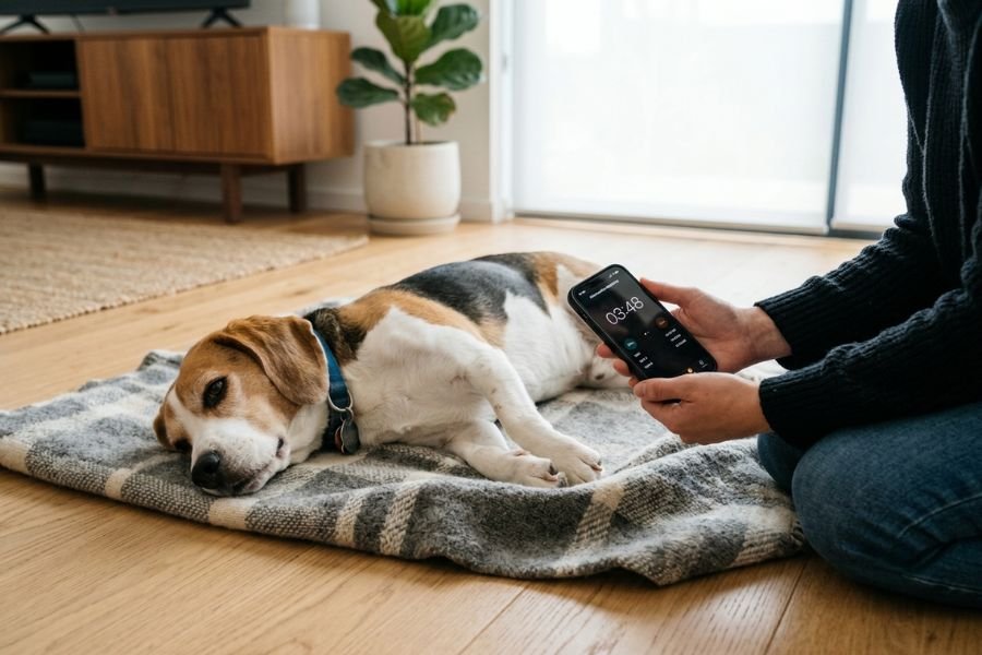 Beagle acostado sobre una manta mientras un propietario cronometra la duración de una convulsión siguiendo las recomendaciones veterinarias.